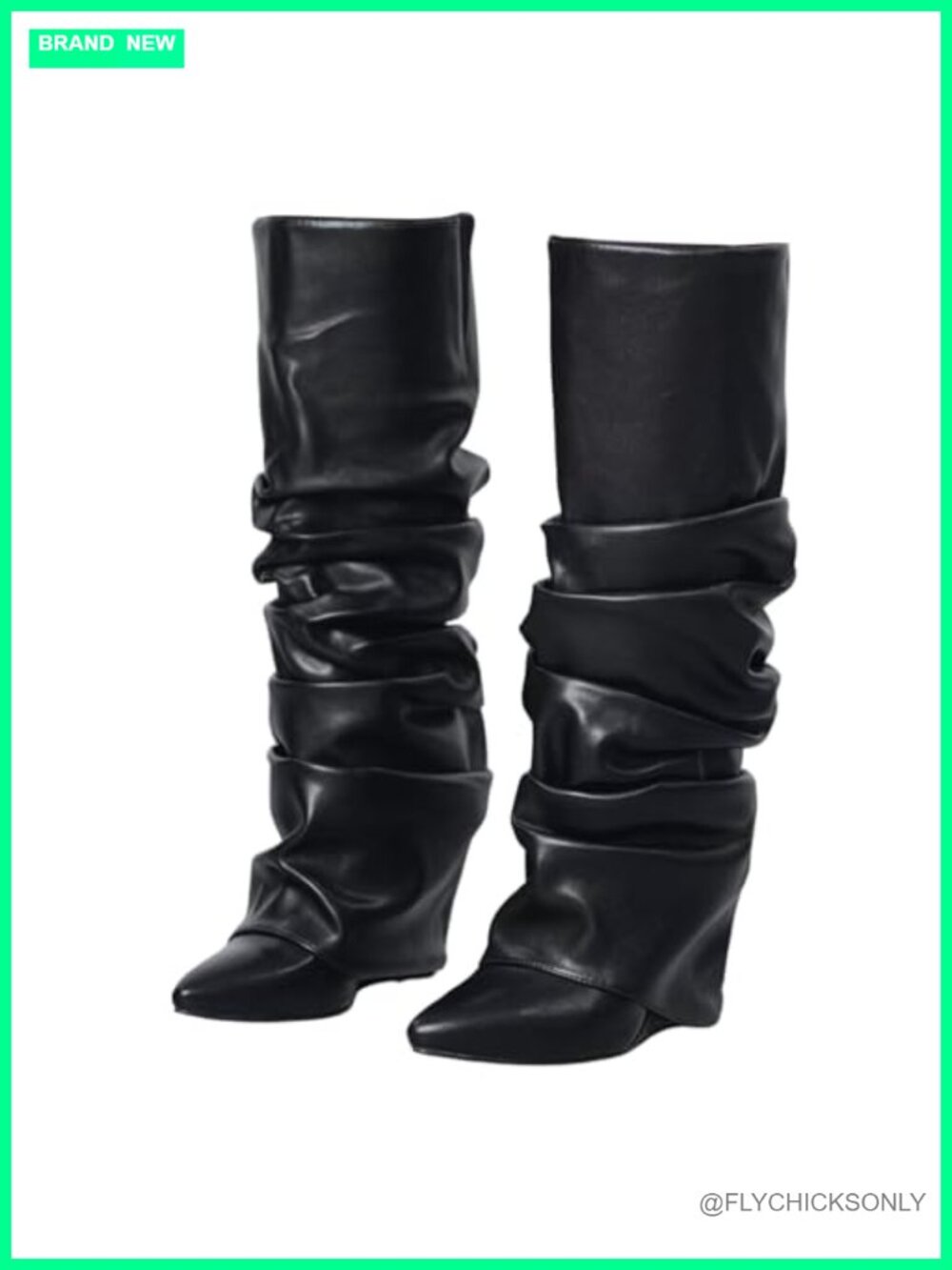 Slouched Ruched Fold Over Knee High Boots Pointed Toe Wedge Heel